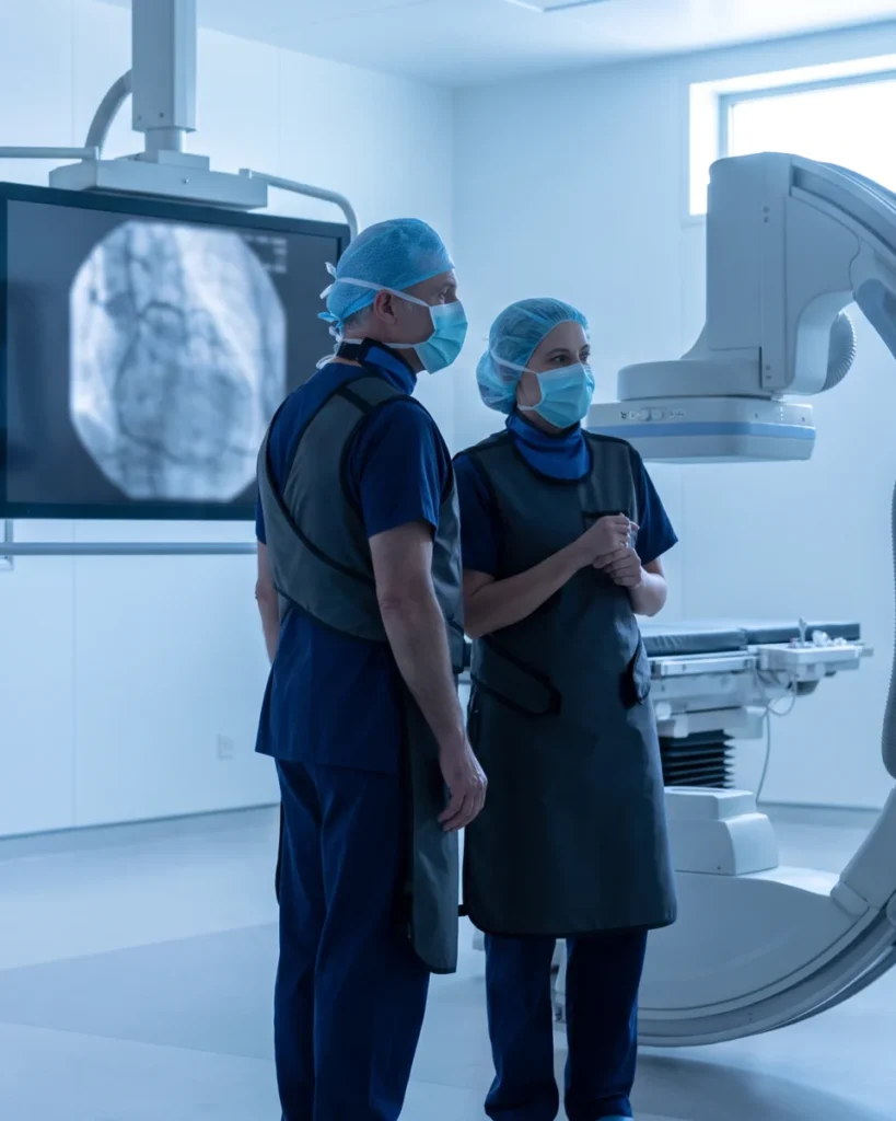 Cardiologist and nurse reviewing imaging in a cardiac catheterization lab