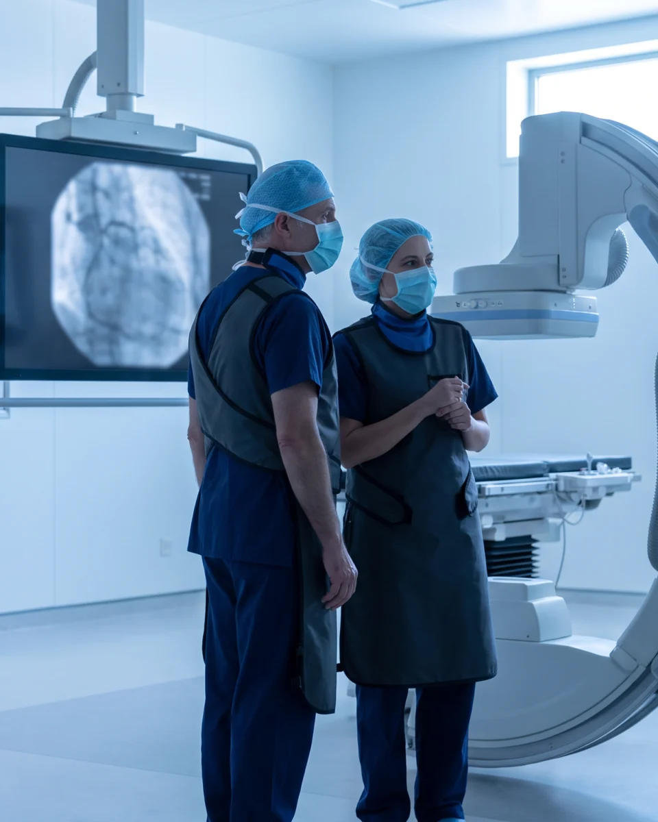 Cardiologist and nurse reviewing imaging in a cardiac catheterization lab