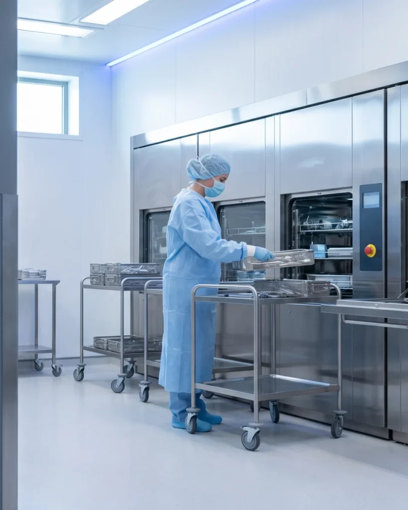 CSSD technician loading instrument trays into washer-disinfectors