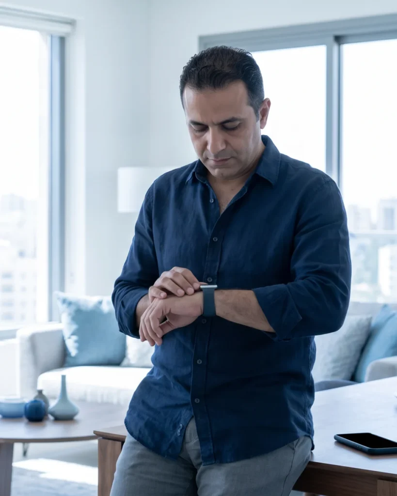 Man checking a smartwatch at home in a bright Amman apartment