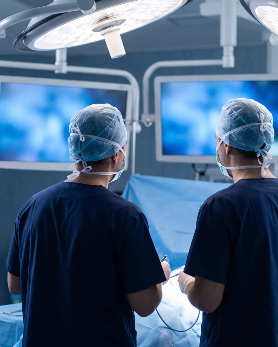 Surgeons performing minimally invasive surgery under operating-room monitors