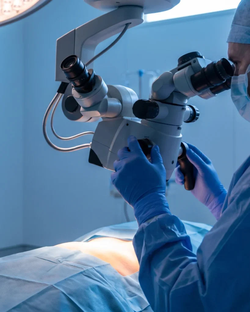 Neurosurgeon working at a surgical microscope