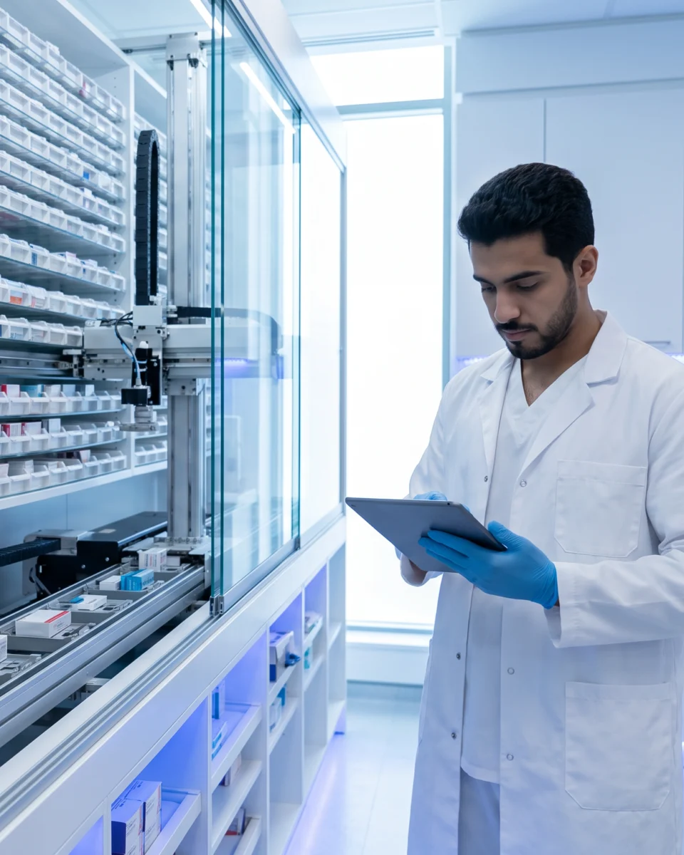 Pharmacist checking a tablet beside an automated medication storage system