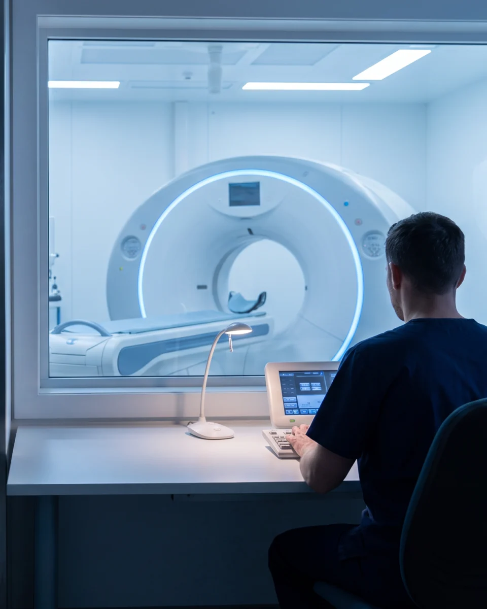 Radiographer at the control desk of a CT imaging suite
